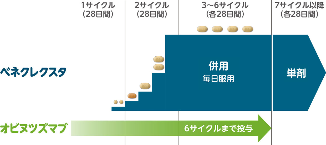 ベネクレクスタとオビヌツズマブの投与スケジュールのイメージ
